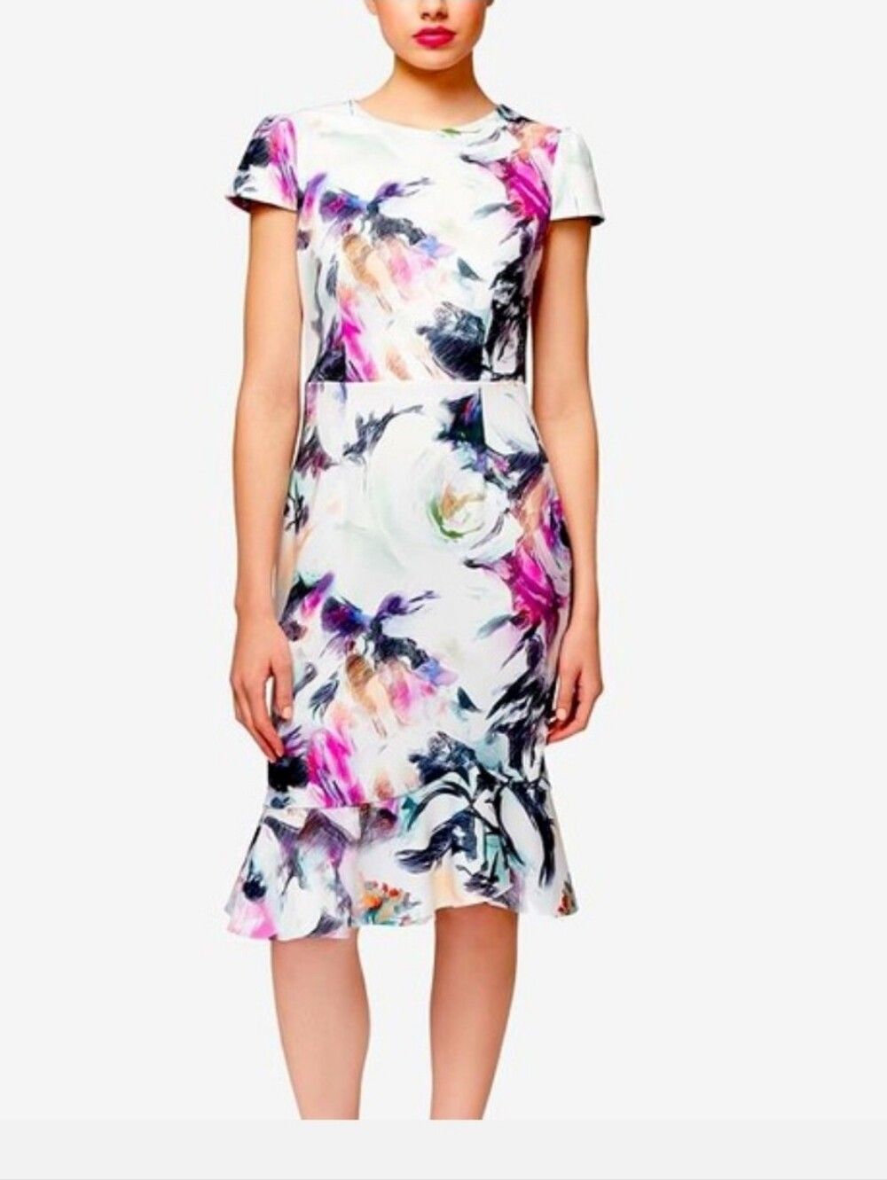 Betsey johnson rose floral watercolor scuba ruffle Sheath midi dress
